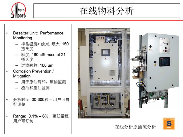 在線原油硫分析儀：可用于原油調和、原油監(jiān)測；渣油和重油監(jiān)測，分  析時間：30-300秒，用戶可自行調整；Range:0.1%-0.6%