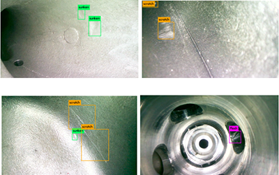 AI智能識(shí)別系統(tǒng)內(nèi)窺鏡損傷自動(dòng)識(shí)別示例：裂縫、缺損、腐蝕、嚴(yán)重積碳、凹陷等